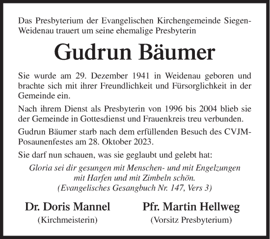 Traueranzeige von Gudrun Bäumer von Siegener Zeitung