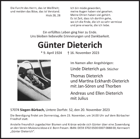 Traueranzeige von Günter Dieterich von Siegener Zeitung
