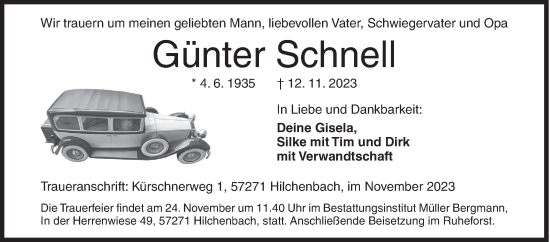 Traueranzeige von Günter Schnell von Siegener Zeitung