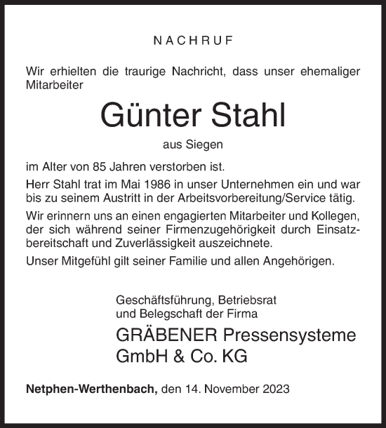 Traueranzeige von Günter Stahl von Siegener Zeitung