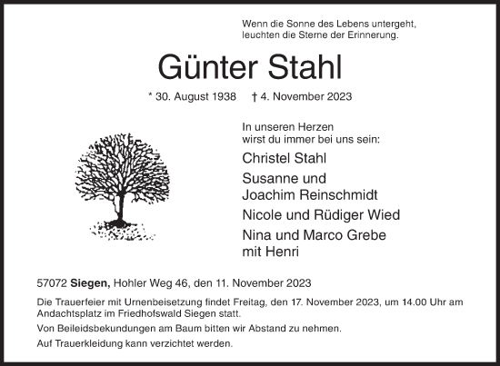 Traueranzeige von Günter Stahl von Siegener Zeitung