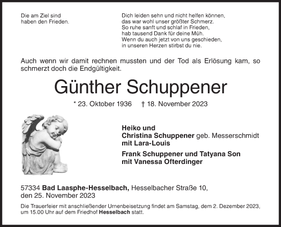 Traueranzeige von Günther Schuppener von Siegener Zeitung