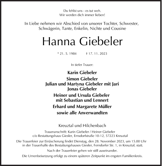 Traueranzeige von Hanna Giebeler von Siegener Zeitung
