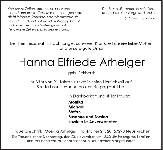 Traueranzeige von Hanna Elfriede Arhelger von Siegener Zeitung