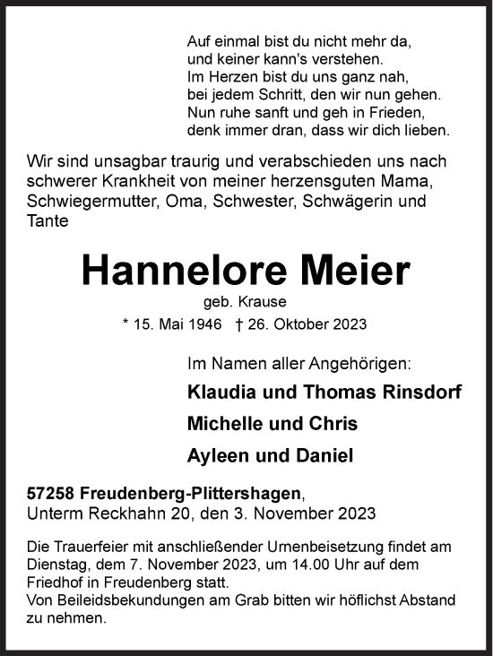 Traueranzeige von Hannelore Meier von Siegener Zeitung