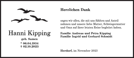 Traueranzeige von Hanni Kipping von Siegener Zeitung