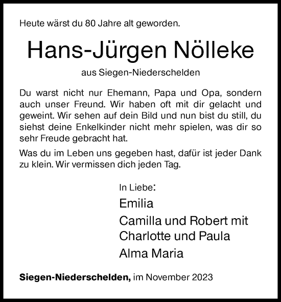 Traueranzeige von Hans-Jürgen Nölleke von Siegener Zeitung