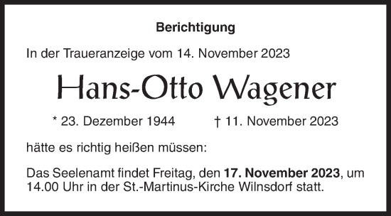 Traueranzeige von Hans-Otto Wagener von Siegener Zeitung