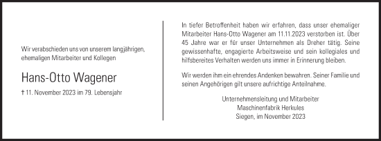 Traueranzeige von Hans-Otto Wagener von Siegener Zeitung