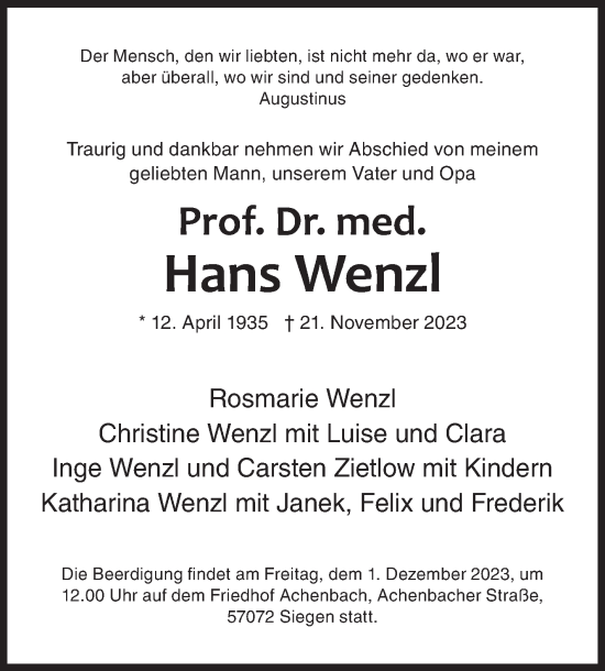 Traueranzeige von Hans Wenzl von Siegener Zeitung