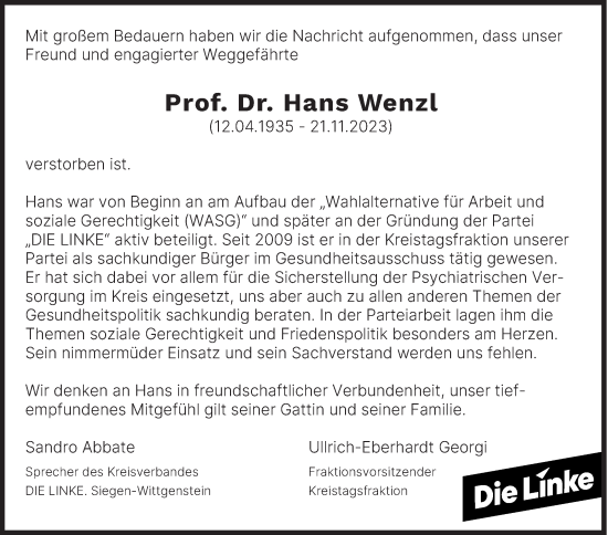 Traueranzeige von Hans Wenzl von Siegener Zeitung