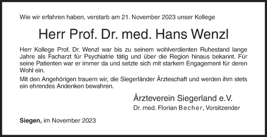 Traueranzeige von Hans Wenzl von Siegener Zeitung