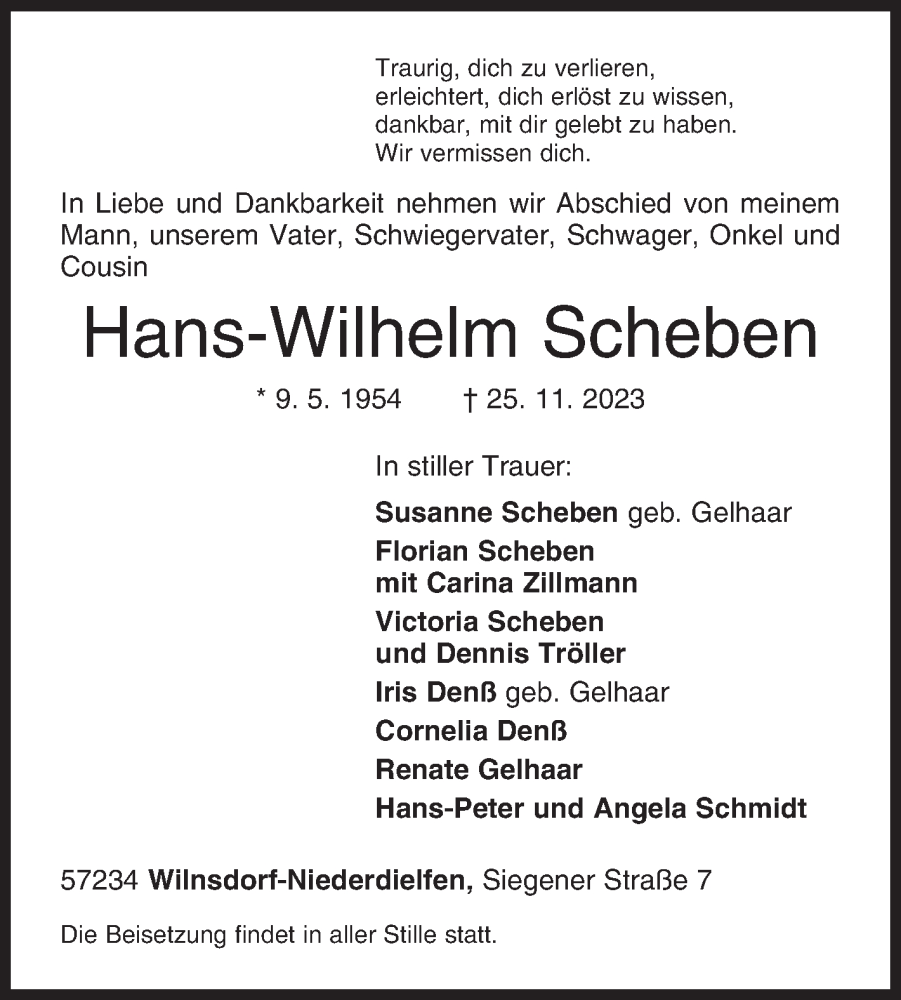  Traueranzeige für Hans-Wilhelm Scheben vom 29.11.2023 aus Siegener Zeitung