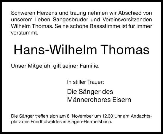 Traueranzeige von Hans-Wilhelm Thomas von Siegener Zeitung