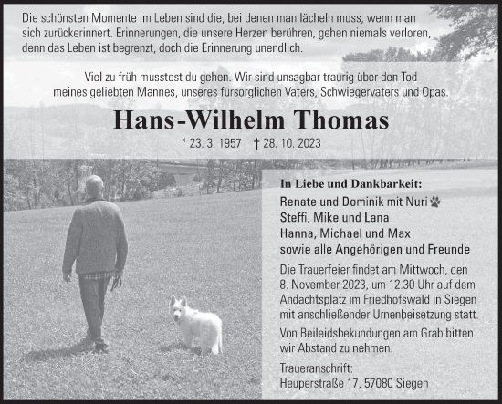 Traueranzeige von Hans-Wilhelm Thomas von Siegener Zeitung
