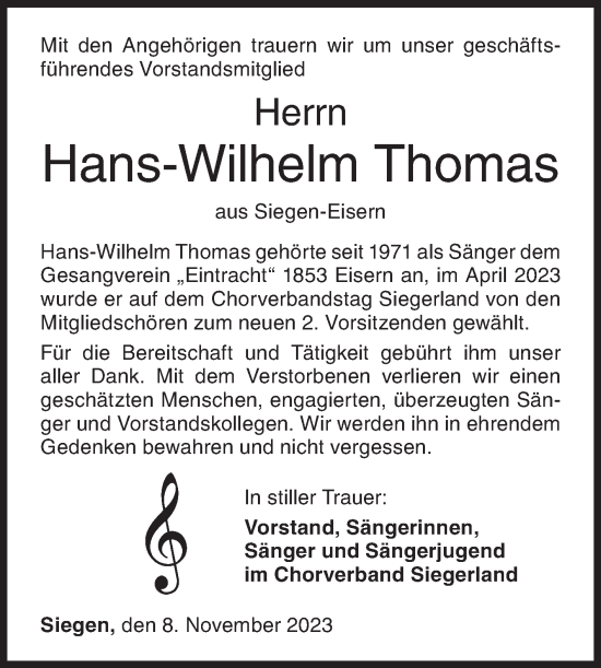 Traueranzeige von Hans-Wilhelm Thomas von Siegener Zeitung