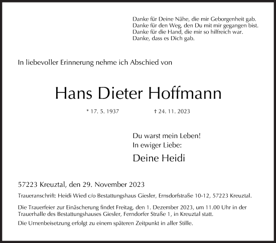 Traueranzeige von Hans Dieter Hoffmann von Siegener Zeitung