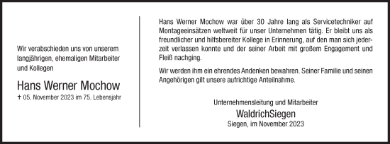 Traueranzeige von Hans Werner Mochow von Siegener Zeitung