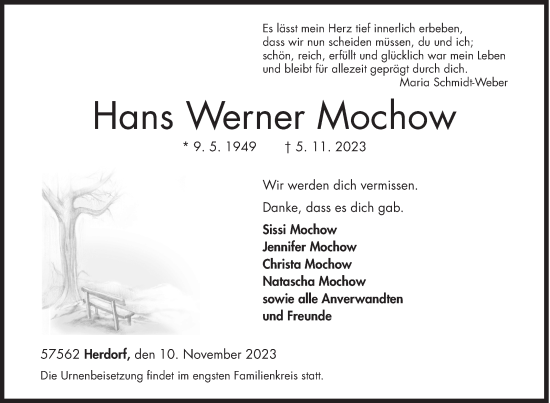 Traueranzeige von Hans Werner Mochow von Siegener Zeitung