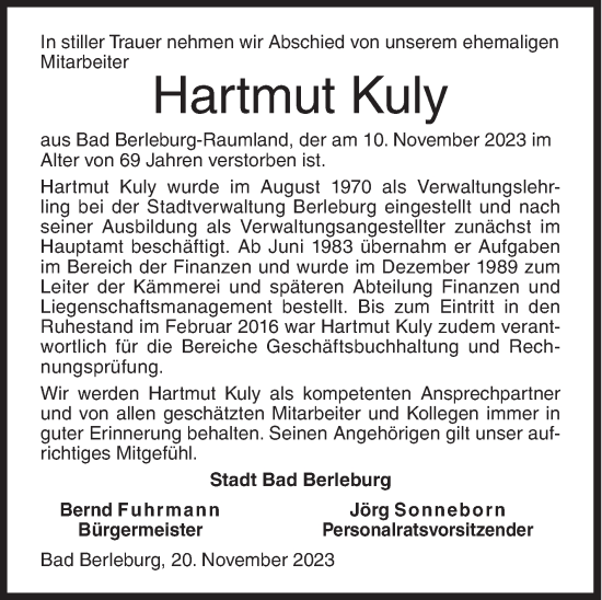 Traueranzeige von Hartmut Kuly von Siegener Zeitung