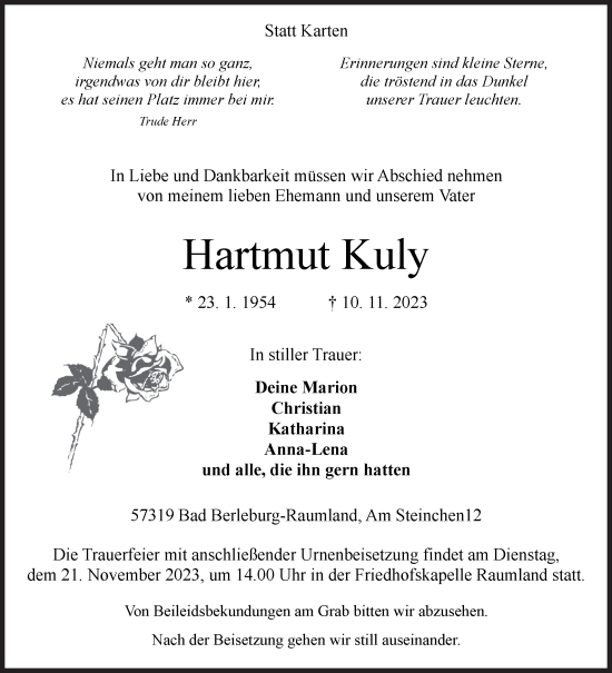 Traueranzeige von Hartmut Kuly von Siegener Zeitung