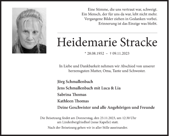 Traueranzeige von Heidemarie Stracke von Siegener Zeitung
