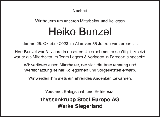 Traueranzeige von Heiko Bunzel von Siegener Zeitung