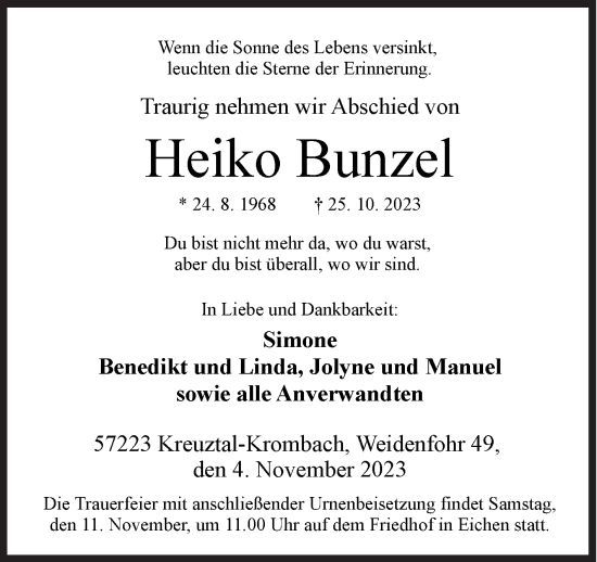 Traueranzeige von Heiko Bunzel von Siegener Zeitung