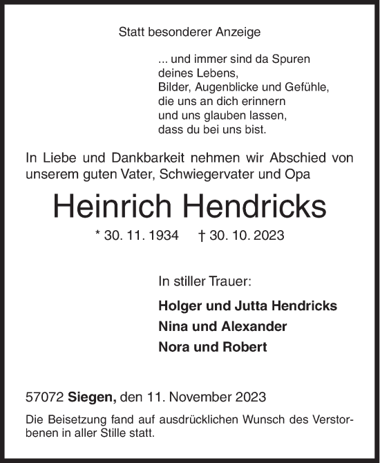 Traueranzeige von Heinrich Hendricks von Siegener Zeitung