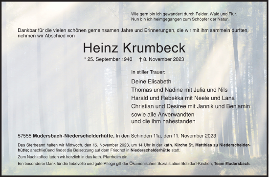Traueranzeige von Heinz Krumbeck von Siegener Zeitung