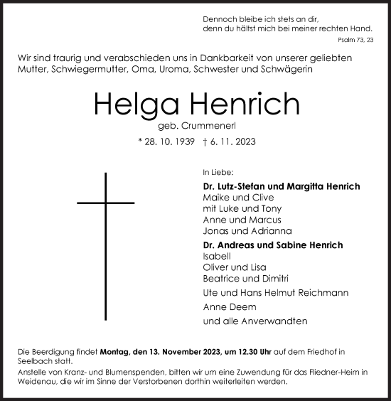 Traueranzeige von Helga Henrich von Siegener Zeitung