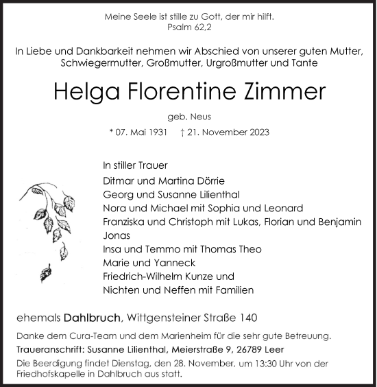 Traueranzeige von Helga Florentine Zimmer von Siegener Zeitung