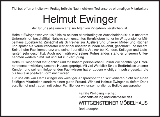 Traueranzeige von Helmut Ewinger von Siegener Zeitung