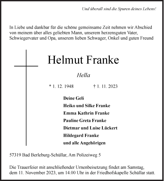 Traueranzeige von Helmut Franke von Siegener Zeitung
