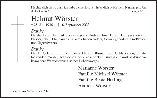 Traueranzeige von Helmut Wörster von Siegener Zeitung