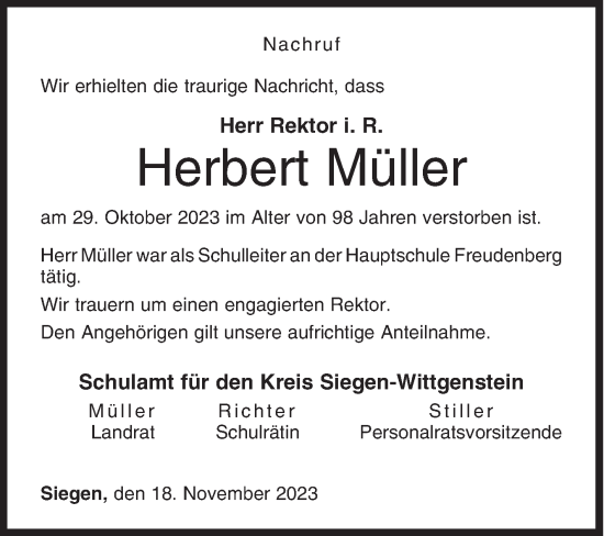 Traueranzeige von Herbert Müller von Siegener Zeitung
