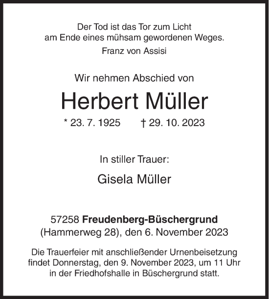 Traueranzeige von Herbert Müller von Siegener Zeitung