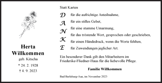 Traueranzeige von Herta Willkommen von Siegener Zeitung