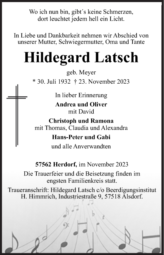 Traueranzeige von Hildegard Latsch von Siegener Zeitung