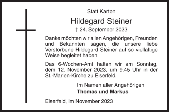 Traueranzeige von Hildegard Steiner von Siegener Zeitung