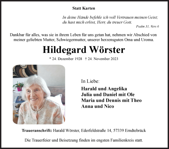 Traueranzeige von Hildegard Wörster von Siegener Zeitung