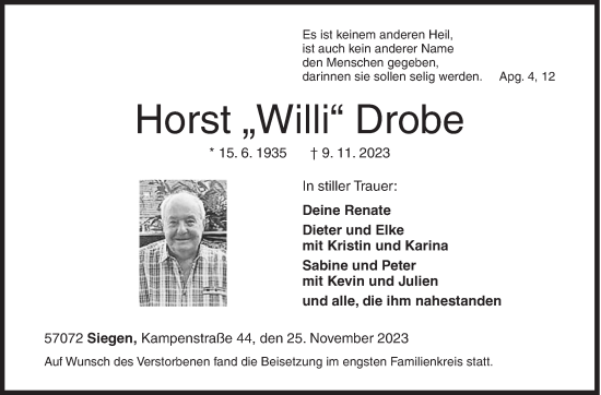 Traueranzeige von Horst Drobe von Siegener Zeitung