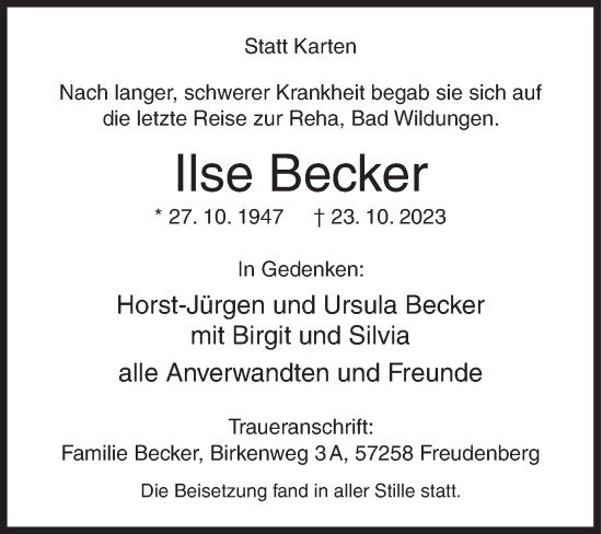 Traueranzeige von Ilse Becker von Siegener Zeitung