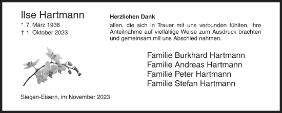 Traueranzeige von Ilse Hartmann von Siegener Zeitung