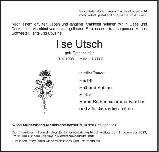Traueranzeige von Ilse Utsch von Siegener Zeitung