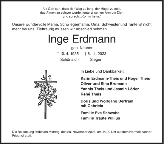 Traueranzeige von Inge Erdmann von Siegener Zeitung