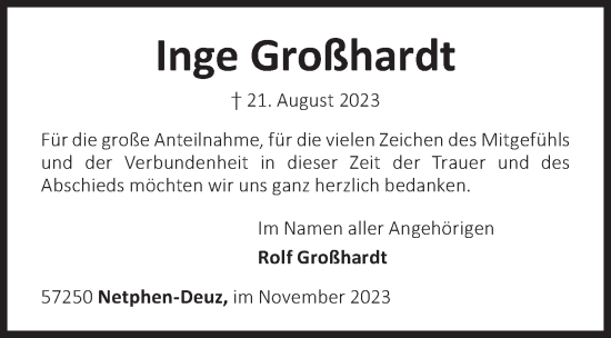 Traueranzeige von Inge Großhardt von Siegener Zeitung
