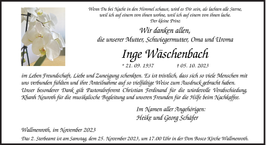 Traueranzeige von Inge Wäschenbach von Siegener Zeitung