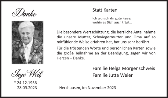 Traueranzeige von Inge Weiß von Siegener Zeitung