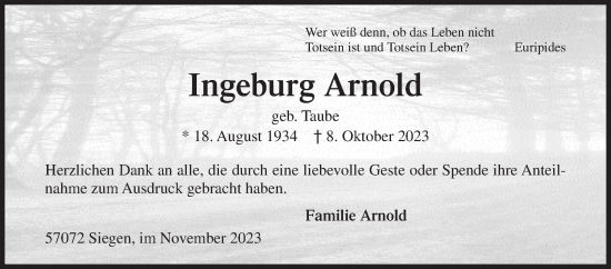 Traueranzeige von Ingeburg Arnold von Siegener Zeitung